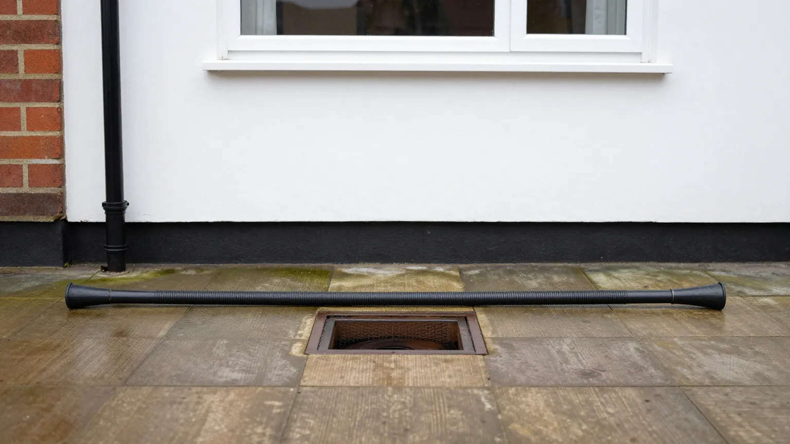 A drain rod lying across a wet stone patio beside an open gully grate below a downpipe