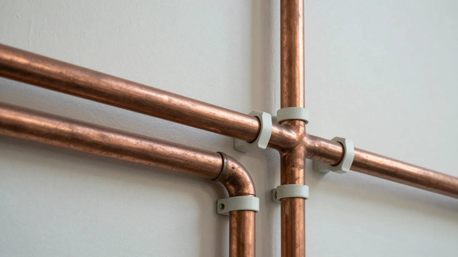 Copper water pipes with an elbow and a tee joint, held to a pale wall by white plastic clips