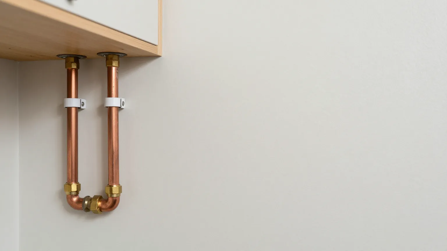 Copper pipework with brass compression fittings held by white clips below a cabinet on a pale wall