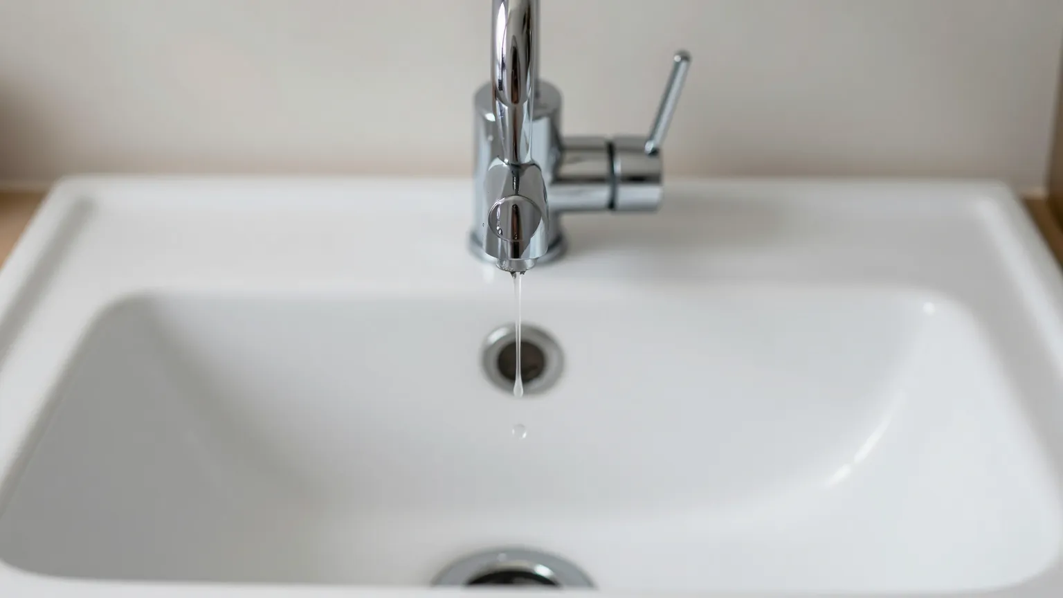 A chrome mixer tap over a white ceramic sink, with a drop of water falling towards the plughole