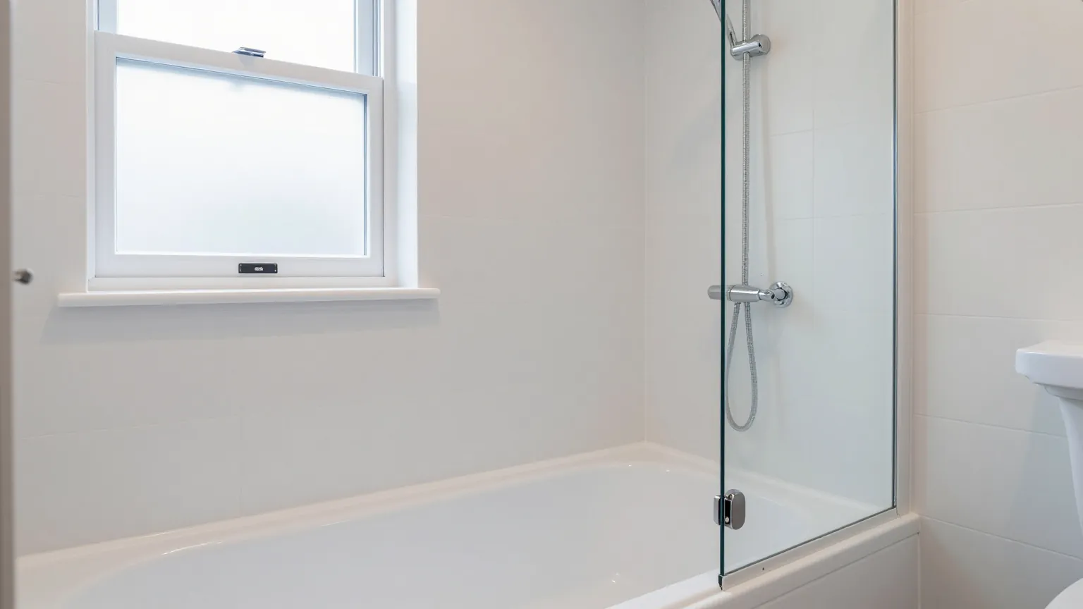 A white fitted bathroom with a bath, a glass shower screen, a chrome shower riser and plain white tiles