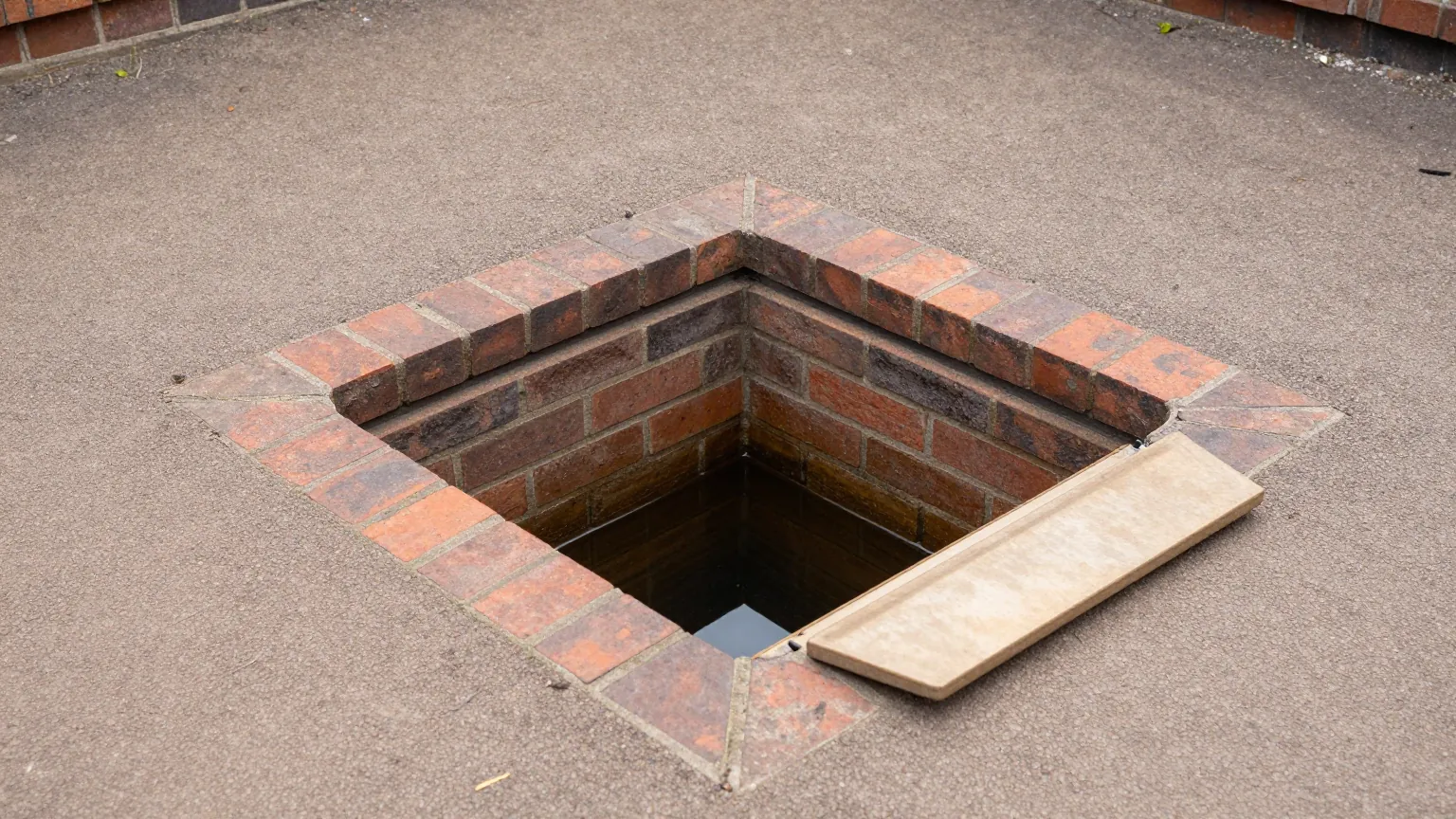An open square brick drain inspection chamber in a tarmac path, its lid set aside