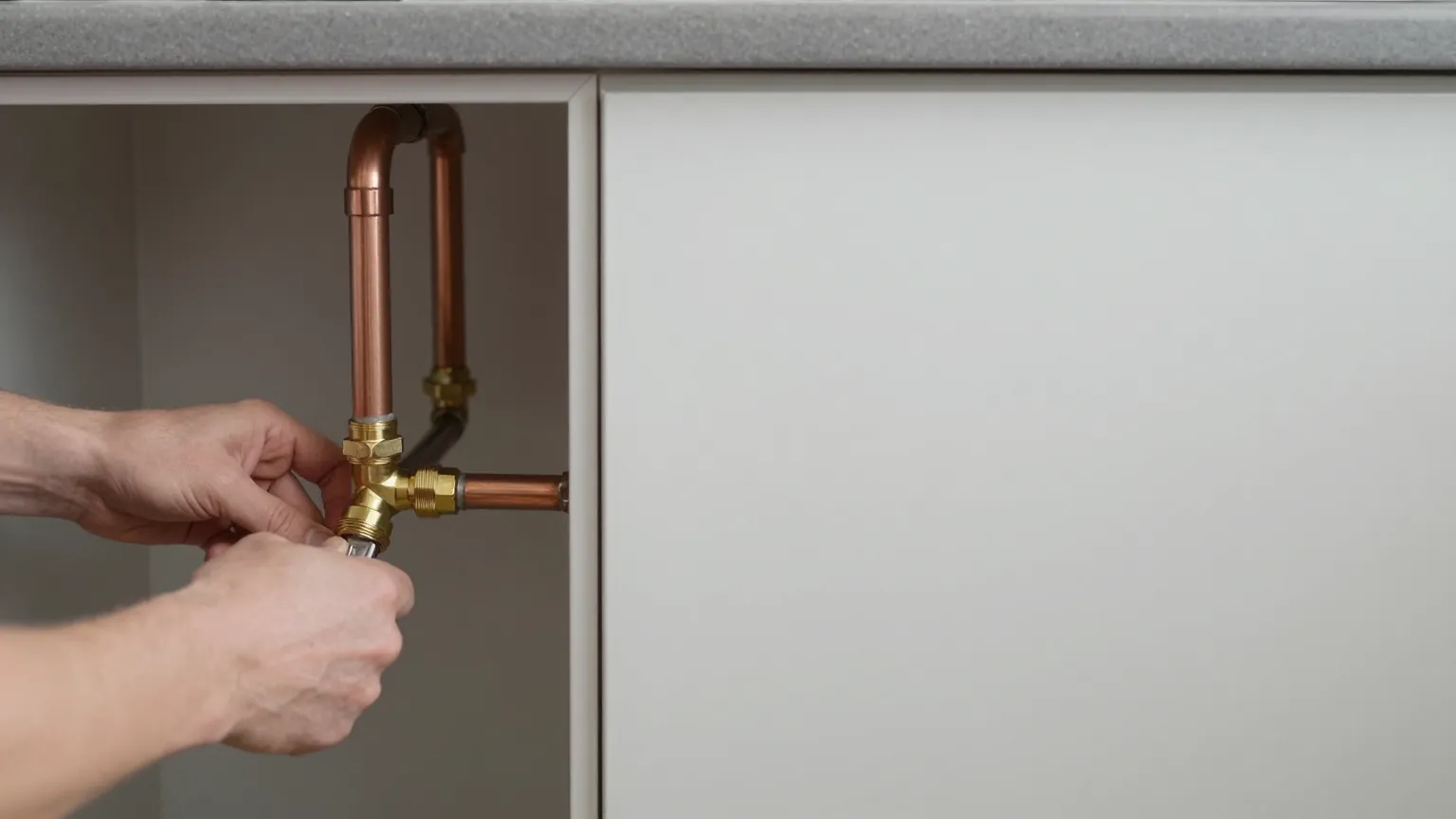 Two hands fitting a brass tee onto copper heating pipework inside a white cupboard
