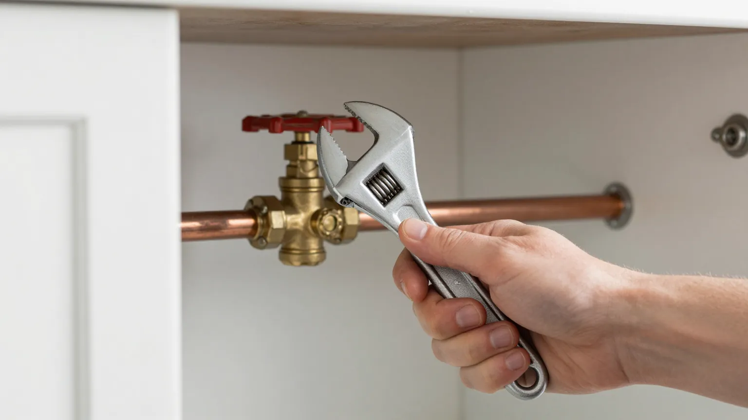 A hand turning a brass valve with an adjustable spanner on copper pipework inside a kitchen cupboard
