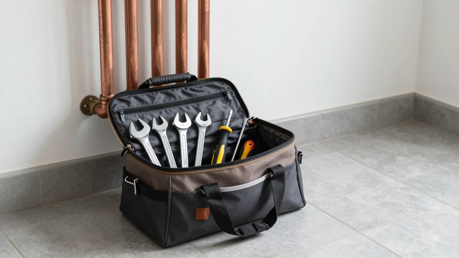 An open tool bag with spanners and screwdrivers on a grey tiled floor beside copper heating pipes