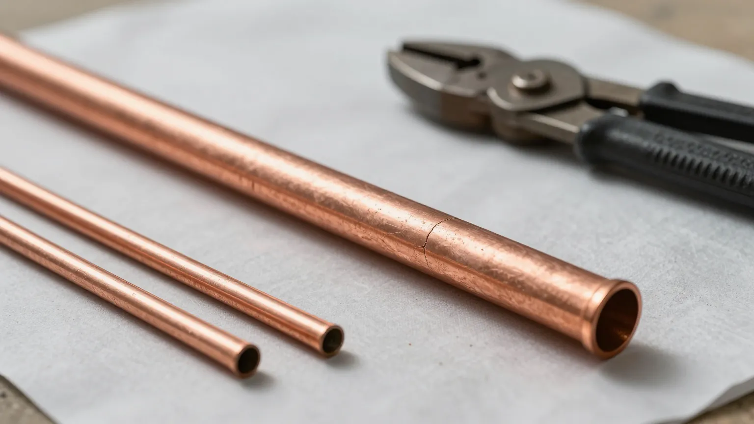 A length of copper pipe with a split along it on a dust sheet beside two thinner pipes and a pair of pliers