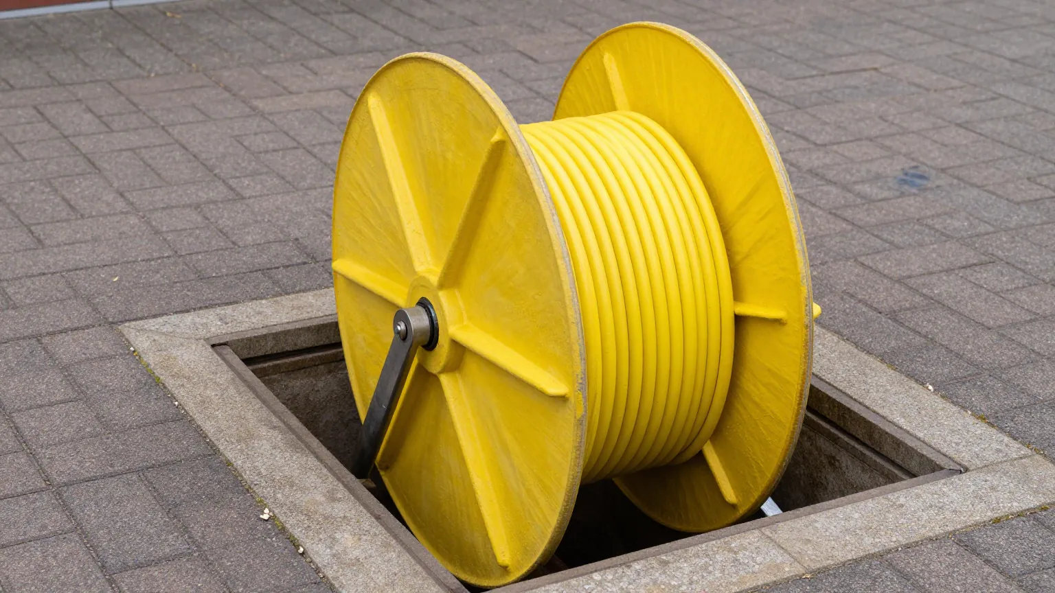A yellow drain rod cable coiled on a reel over an open inspection chamber in block paving