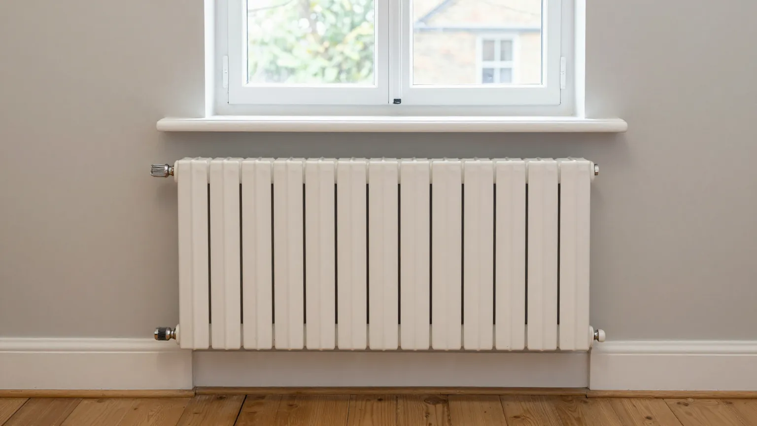 A white column radiator with chrome valves under a window in a room with a wooden floor