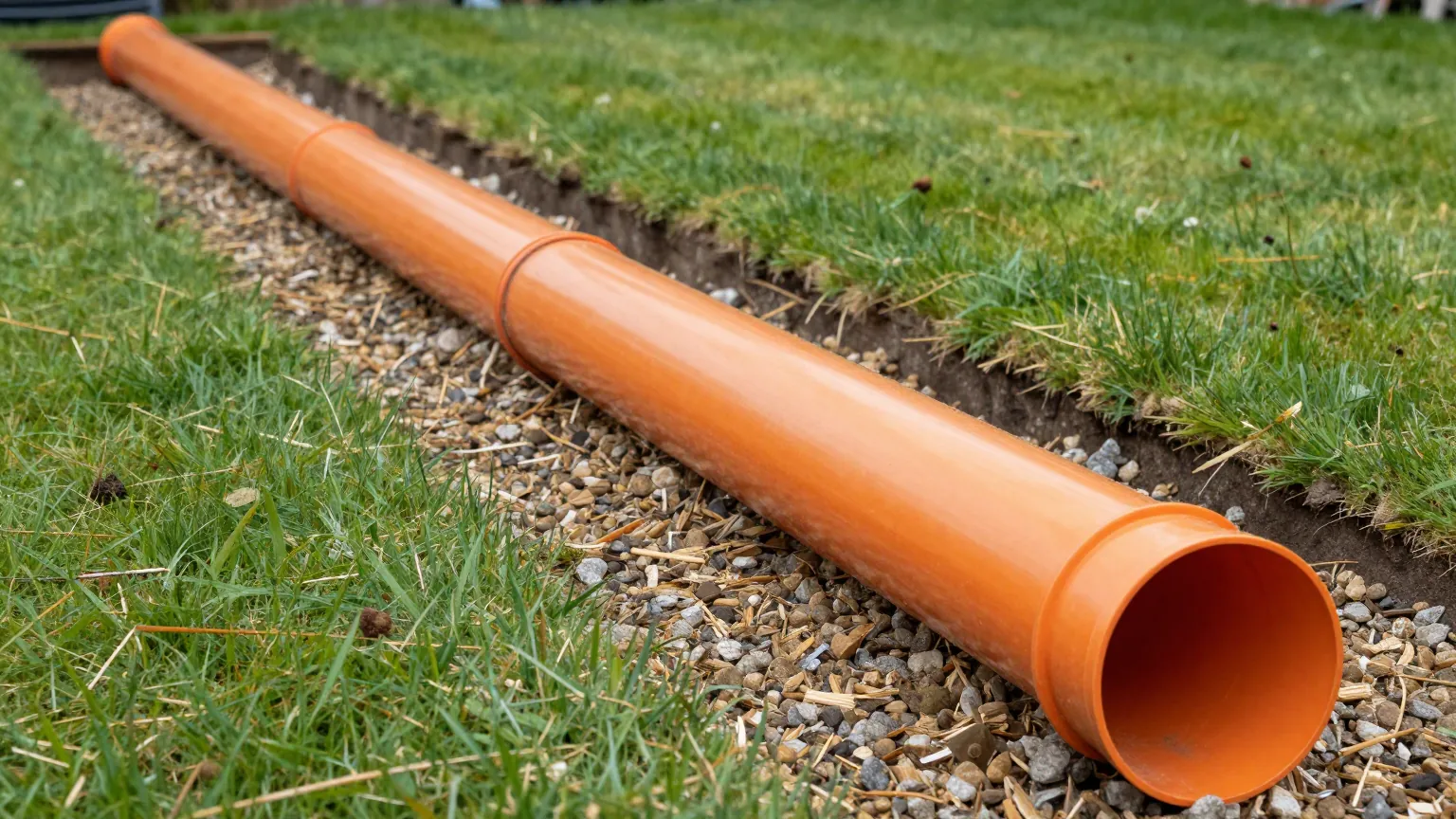 A length of orange plastic drainage pipe laid in a gravel trench across a lawn