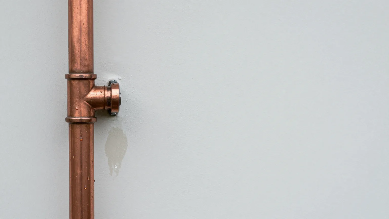 Water dripping from a capped tee joint on a copper pipe, leaving a damp patch on a pale wall