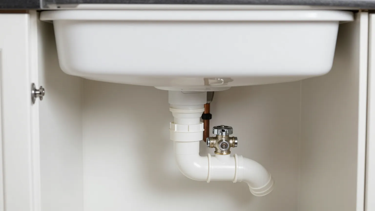 White plastic waste pipes and a chrome isolating valve under a white kitchen sink inside a cupboard