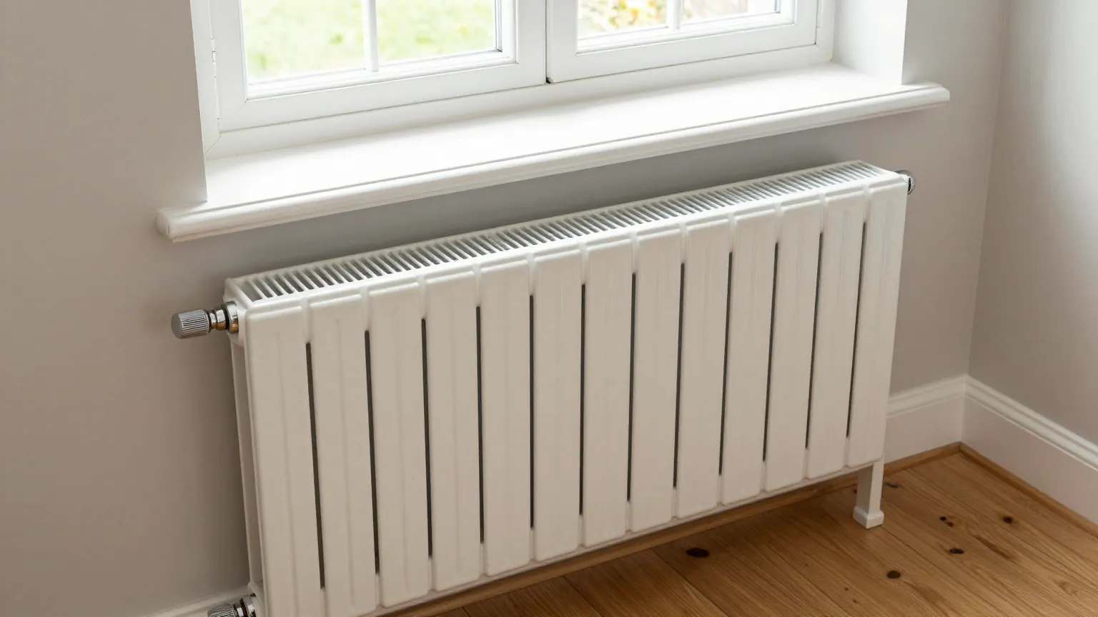 A white column radiator with a chrome valve under a sash window on a wooden floor